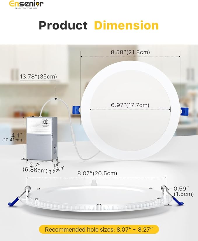 Ensenior 24 Pack 8 Inch LED Recessed Ceiling Light, Dimmable, 2700K-5000K 5CCT, 1600LM 18W 120V, High Brightness Dimmable Canless Wafer Downlight - ETL&FCC&IC