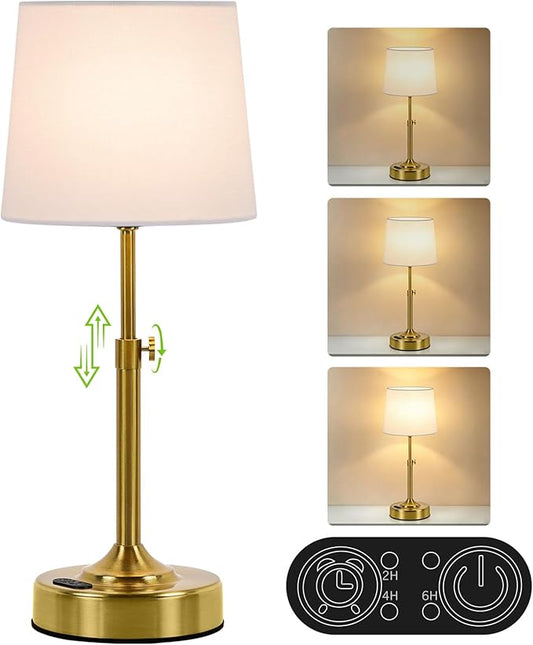 Height Adjustable Rechargeable Table Lamp with Timer, Dimmable Cordless LED Desk Lamp, 4000mAh Battery Operated Table Lamps, Gold Wireless Touch Nightstand Lamp for Kitchen Counter Coffee Table Office