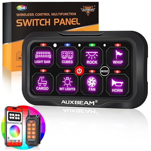 Auxbeam 8 Gang Switch Panel Bluetooth RGB AC-800 with APP&Remote Control Toggle Momentary Pulsed Switch Pod Off Backlight for Truck Offroad UTV ATV Car Marine 12-24V Waterproof 3 Years Warranty