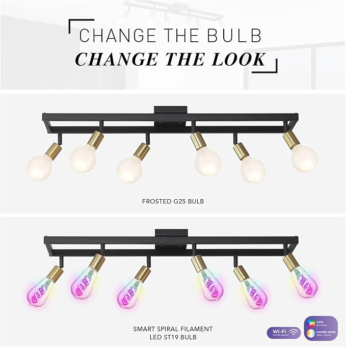 GLOBE Electric 64000096 36" 6-Light Track Lighting, Matte Black, Brass Sockets, Adjustable Pivoting Heads, Ceiling Light Fixture for Kitchen Island, Hallway, or Dining Room, Modern Farmhouse Lights