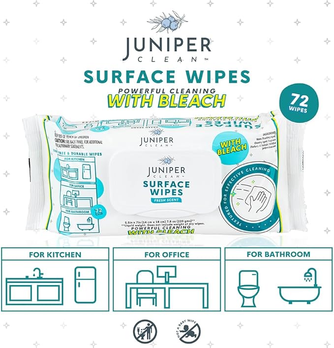 Lot de 6 lingettes nettoyantes de surface avec eau de Javel, nettoyant tout usage pour salle de bain, cuisine, bureau, 72 lingettes douces, parfum frais, non pelucheuses et durables