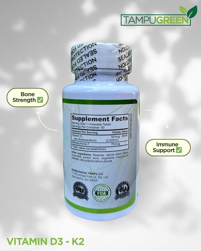Vitamin D3 2000 IU + K2 75 mcg – Daily Bone, Immune & Heart Support – Supports Calcium Absorption – GMP – Made in USA – 90 Tablets