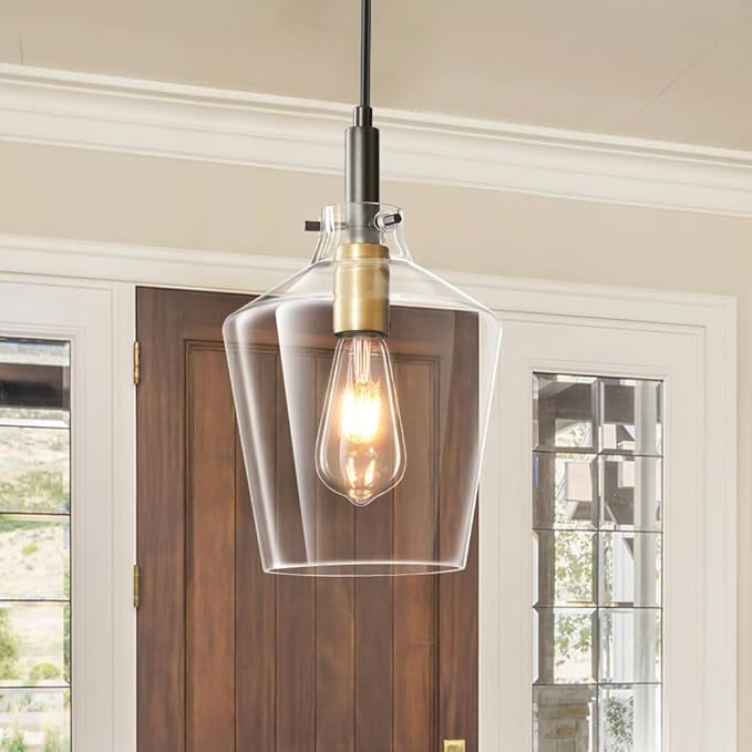 Modern Glass Pendant Lighting for Kitchen Island, Farmhouse Black and Gold Pendant Light Fixtures 1 Pack, Adjustable Hanging Ceiling Light Angled Clear Glass Shades 8 Inch