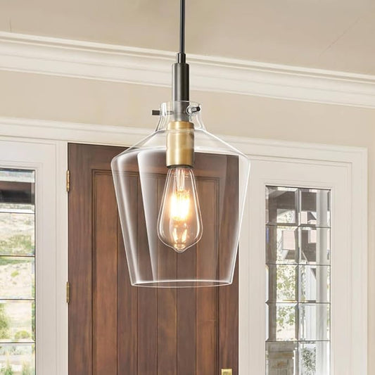 Modern Glass Pendant Lighting for Kitchen Island, Farmhouse Black and Gold Pendant Light Fixtures 1 Pack, Adjustable Hanging Ceiling Light Angled Clear Glass Shades 8 Inch