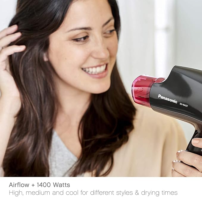 Panasonic nanoe Compact Hair Dryer for Healthy-Looking Hair, 1400W Portable, Folding Handling and Quickdry Nozzle for Fast Drying – EH-NA27-K (Black/Pink)