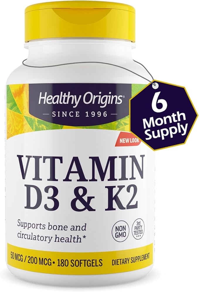 Healthy Origins ビタミンD3 2,000 IU (50 mcg) & K2 200 mcg (非遺伝子組み換え、第三者機関テスト済み、骨の健康、心血管サポート)、180ソフトジェル