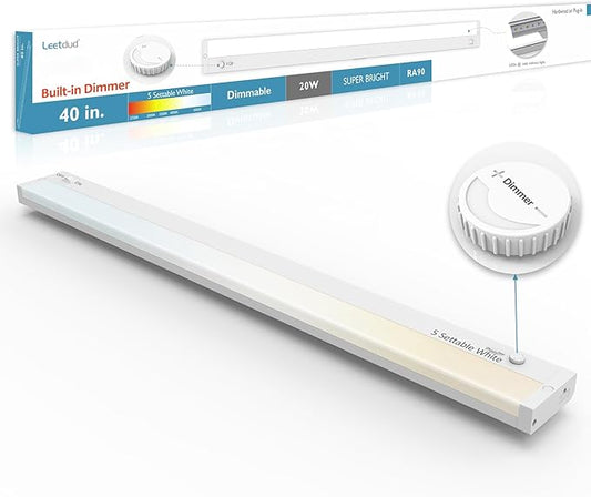 Leetdud Under Cabinet Lighting Plug in or Hardwired Built-in Dimmer, 40 Inch 20W, 5CCT 2700/3000/3500/4000/5000K, Linkable Counter Lights for Kitchen, ETL Dimmable LED Light Fixture, White
