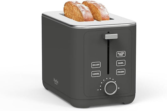 Martha Stewart 2 Slice Toaster, 10 Shade Settings with Defrost, Cancel, Bagel & Gluten-Free, Extra-Wide Self-Centering Slots for Waffles & Artisan Bread, Removable Crumb Tray, Cord Wrap, Caviar Gray