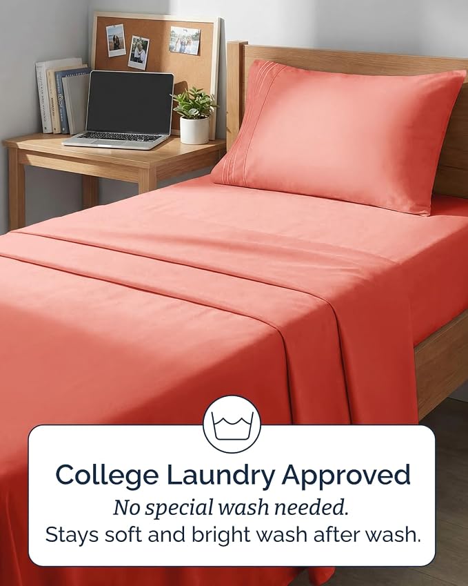 Twin XL 4 Piece Sheet Set - Comfy Breathable & Cooling - Ultra Soft Hotel Luxury Bedding Set w/ 8-16 Inch Deep Pockets - 1 Flat & 1 Fitted Sheet & 2 Pillowcases - Wrinkle Free and Easy Care - Coral