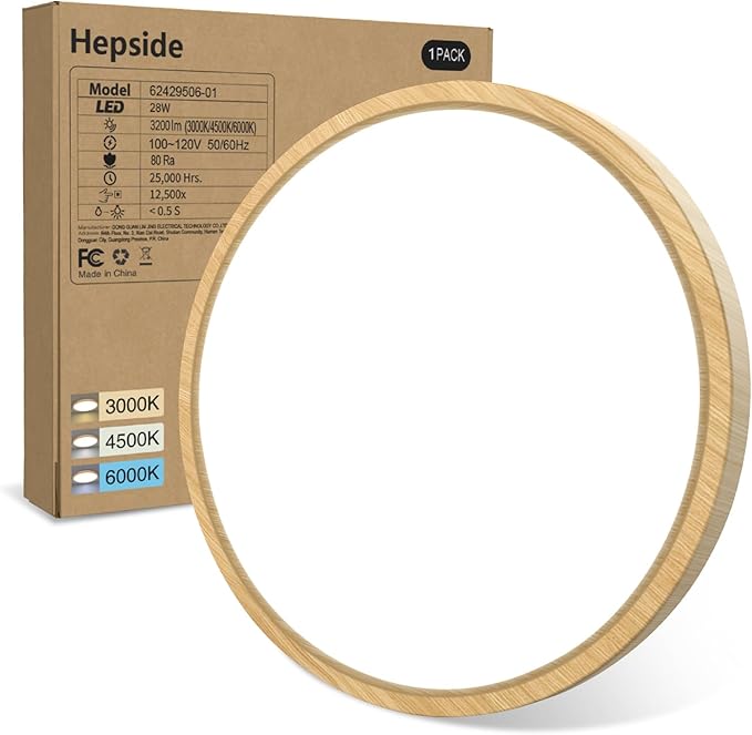 hepside 1PACK Flush Mount LED Ceiling Light Fixture Wooden, 12Inch 28Watt, Dimmable & 3000K-4500K-6000K Ceiling Lamp 3200LM Low Profile Ceiling Light for Kitchen Bedroom Hallway Porch