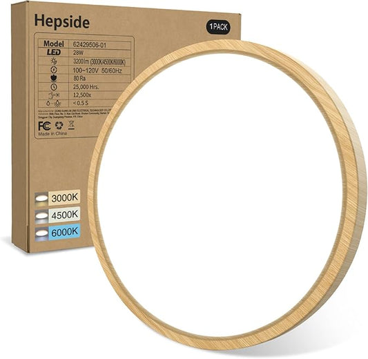 hepside 1PACK Flush Mount LED Ceiling Light Fixture Wooden, 12Inch 28Watt, Dimmable & 3000K-4500K-6000K Ceiling Lamp 3200LM Low Profile Ceiling Light for Kitchen Bedroom Hallway Porch