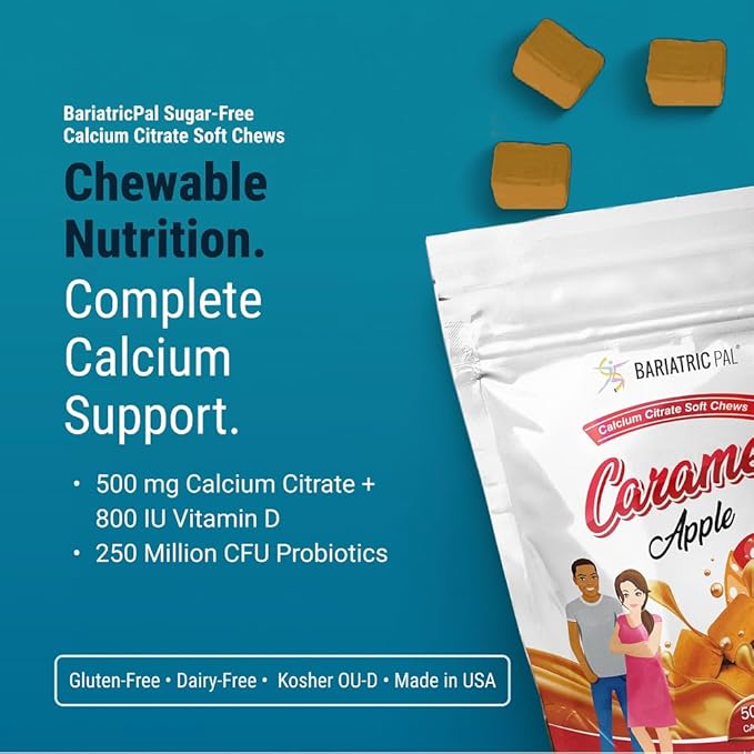 BariatricPal Chews tendres sans sucre au citrate de calcium | 500 mg avec vitamine D et probiotiques | Pomme caramel | 90 comprimés (pour 1 mois)
