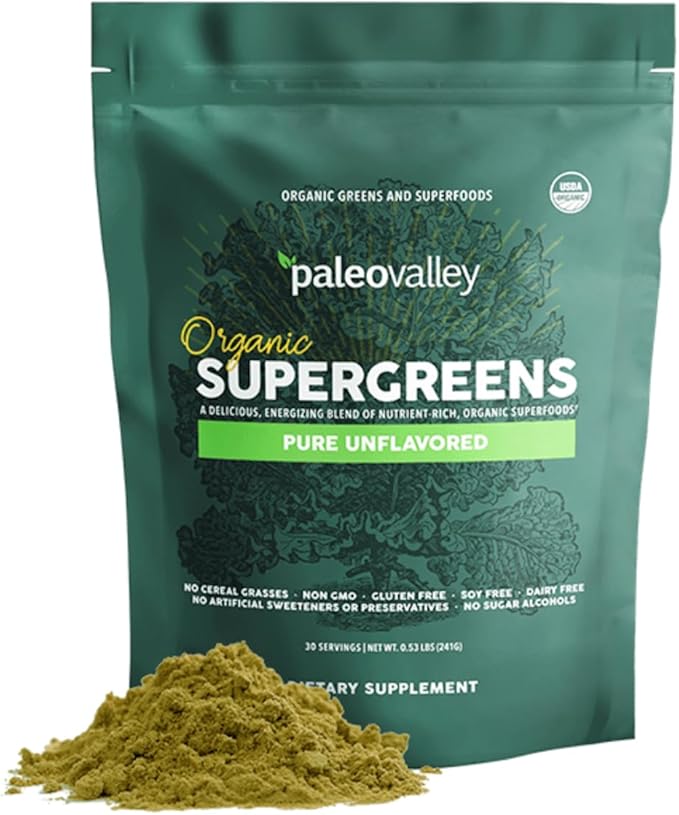 Paleovalley オーガニックスーパーグリーンパウダー - エネルギーと免疫サポートのためのプレバイオティック食物繊維を含む23種のスーパーフード - 吸収を最大化するための穀物不使用 - 無香料、30食分