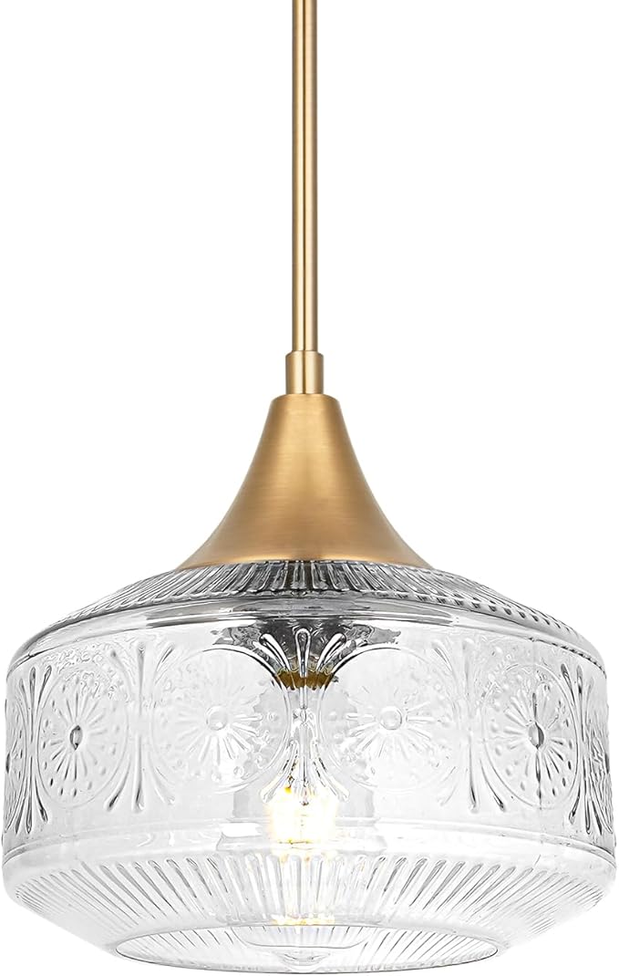 Vintage Gold Pendant Light with Clear Glass, Adjustable Kitchen Pendant Lighting over Island, Brushed Pendant Lights Kitchen Island, Dual Mount Ceiling & Hanging Fixtures with 90° Swivel for Decor