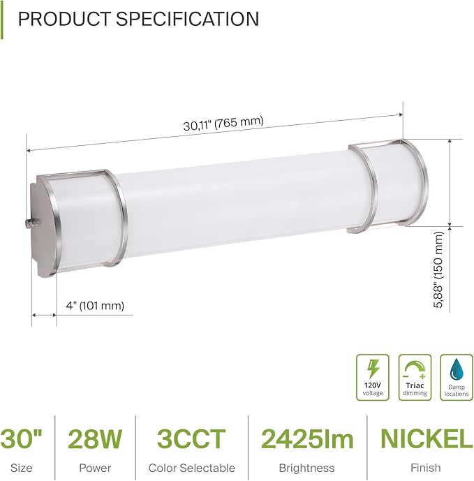 ASD LED 30" Vanity Flush Mount Light Fixture, Linear Bathroom Lighting Bar | 3CCT, Dimmable, Energy Star, ETL Listed | 28W 2425LM 3000-5000K 120V | Long Bath Wall Sconce Over Mirror | Nickel