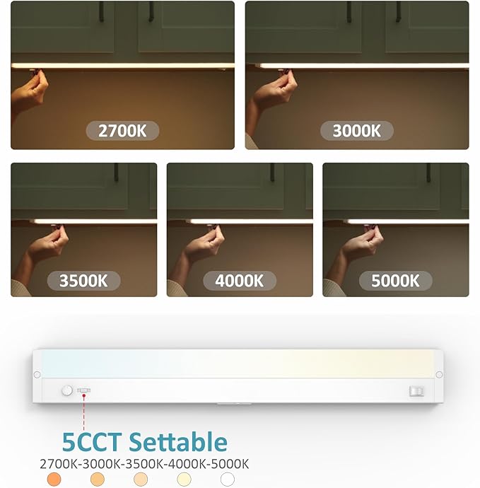 Leetdud Under Cabinet Lighting Plug in or Hardwired Built-in Dimmer, 24 Inch 12W, 5CCT 2700/3000/3500/4000/5000K, Linkable Counter Lights for Kitchen, ETL Dimmable LED Light Fixture, White
