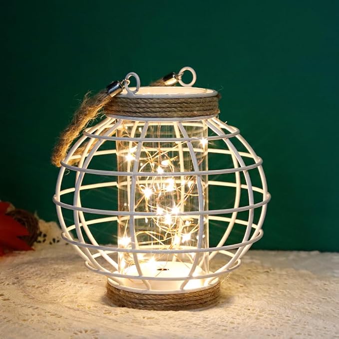 JHY DESIGN Metal Cage LED Lantern Battery Powered,7.3" Tall Cordless Accent Light with 20pcs Fairy Lights.Great for Weddings, Parties, Patio, Events for Indoors/Outdoors(White)