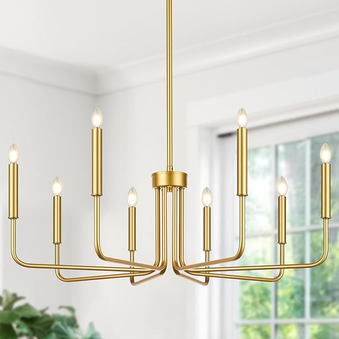 Lynnoland 8-Light Farmhouse Chandelier for Dining Room Lighting Fixtures Hanging, Gold Dining Light Fixtures Industrial Chandelier for Bedroom, Foyer, Hall, Kitchen, Living Room and Entryway