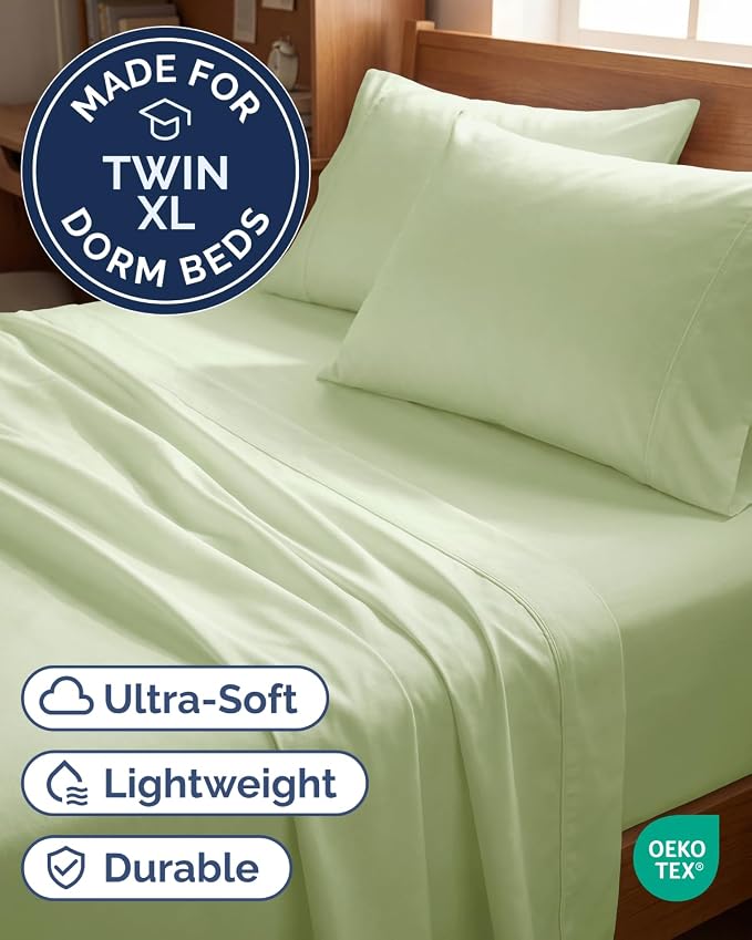 Twin XL 4 Piece Sheet Set - Comfy Breathable & Cooling - Ultra Soft Hotel Luxury Bedding Set w/ 8-16 Inch Deep Pockets - 1 Flat & 1 Fitted Sheet & 2 Pillowcases - Wrinkle Free & Easy Care - Light Sage