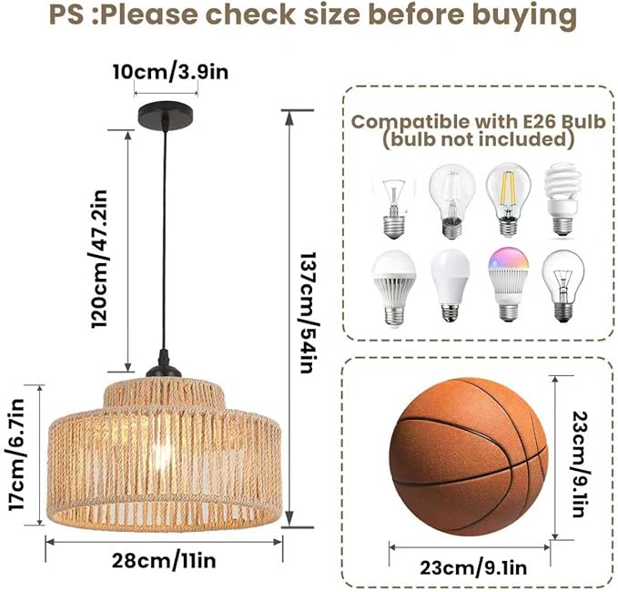 2 Pack Rattan Pendant Light,11 Inch Boho Kitchen Island light Fixtures,Handmade Woven Hanging Lamp,Small Wicker Chandelier,Basket Hanging Light for Bedroom Kitchen Living Room Restaurant Hallway Foyer
