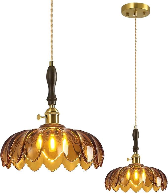 Modern Tawny Glass Pendant Light Retro Flower Glass Hanging Lamp Gold Brass Decorative Adjustable Ceiling Hanging Light Suitable for Kitchen Island Bedroom Dining Room Living Room