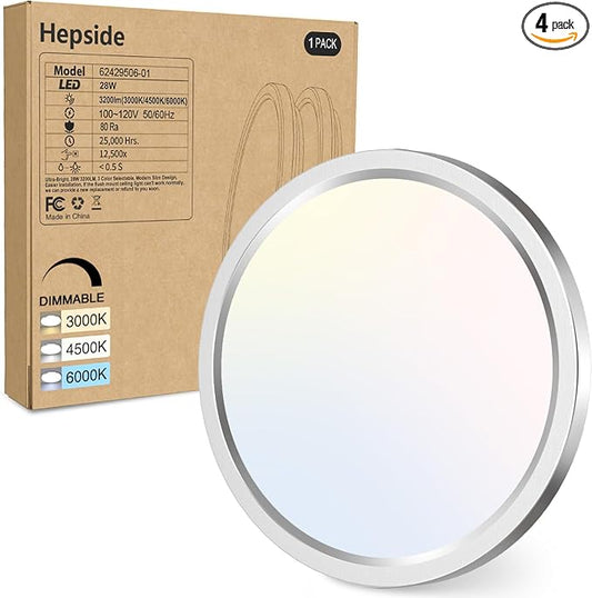 hepside 1PACK Flush Mount LED Ceiling Light Fixture Brushed Nickel, 12Inch 28W, Dimmable 3000K-4500K-6000K Ceiling Lamp 3200LM Low Profile Ceiling Light for Kitchen Bedroom Hallway