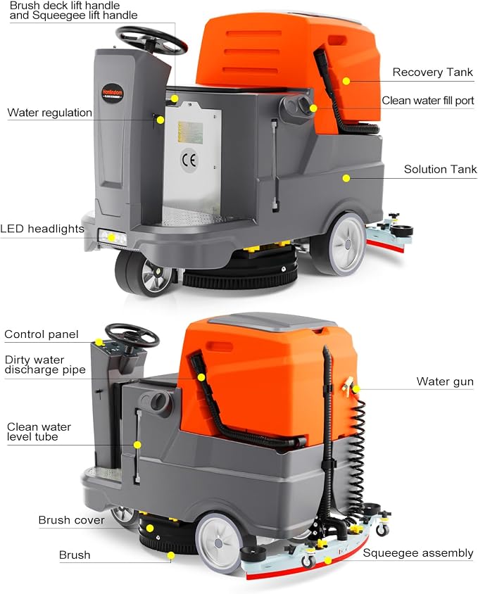 HANTINSTOM Ride-on Commercial Floor Scrubber with 20" Ultra-Wide Scrubbing Path,High-pressure Watergun，LED Light,22.5 Gal Large Solution Tank,3 Hours Wireless Working Time, 31,400 Sqft/h