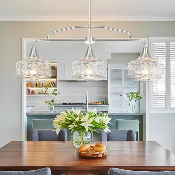 3-Light Island Light for Kitchen, Adjustable Farmhouse Kitchen Island Lighting with Clear Glass, Brushed Nickel Dining Room Light Fixture Over Table, Linear Chandelier Pendant Lighting over Sink