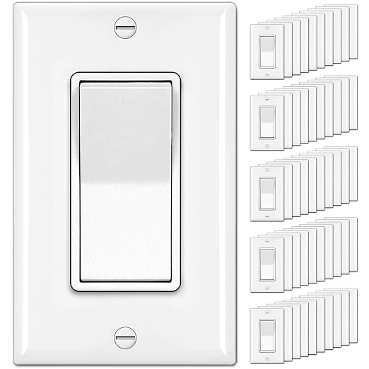 [50 Pack] BESTTEN Single Pole Decorator Wall Light Switch with Wallplate, 15A 120/277V, On/Off Rocker Paddle Interrupter, UL Listed, White