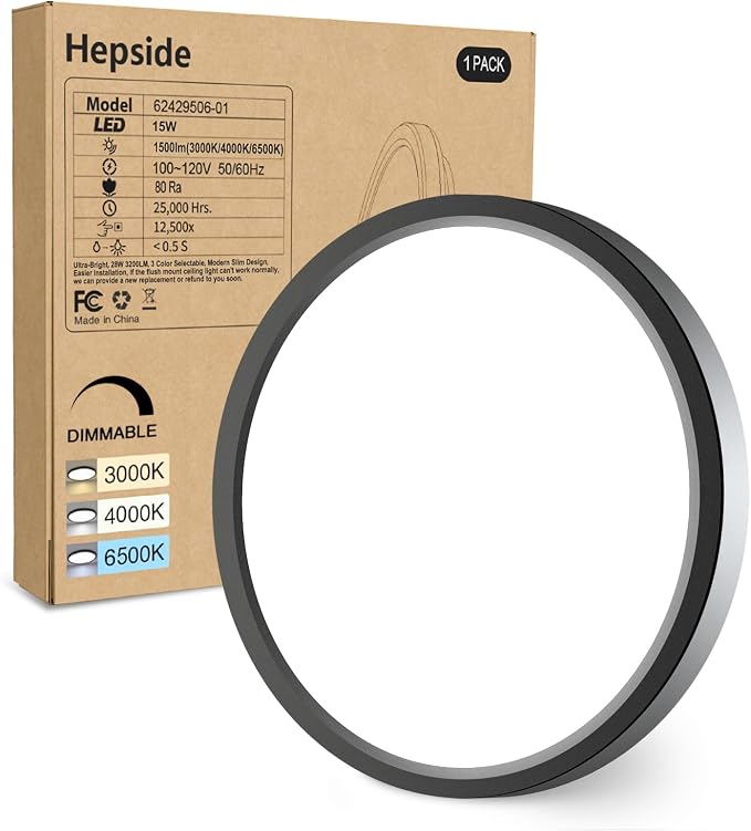 hepside 1Pack Dimmable Flush Mount Ceiling Light Fixture Black, 3000/4000/6500K Ceiling Lamp, 7.5INCH 15W 1500LM Low Profile Light for Bedroom, Kitchen, Bathroom, Hallway