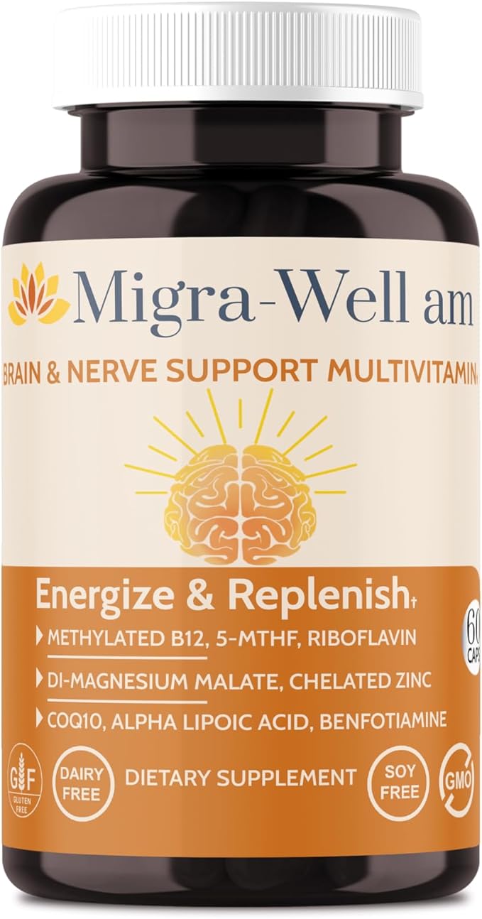 Wellkasa Migra-Well AM : Multivitamine méthylée énergisante quotidienne avec minéraux biodisponibles et antioxydants soutenant la santé du cerveau et des nerfs pour femmes et hommes - Sans fer (60 gélules)