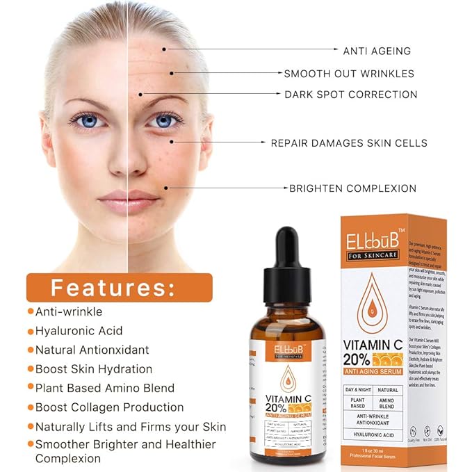 Sérum premium à 20 % de vitamine C pour le visage avec acide hyaluronique, rétinol et acides aminés – Stimule le collagène de la peau, hydrate et repulpe la peau, sérum anti-âge et anti-rides pour le visage