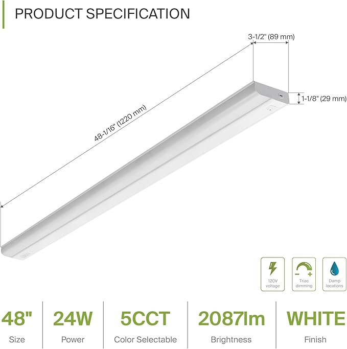 ASD LED Under Cabinet Lighting Hardwired, 48 Inch 24W 2700K-5000K Selectable, 2087LM, CRI90+, Direct Wire Linkable Under Counter Lights for Kitchen, Dimmable Under Cabinet Lights, White, UL, 6 Pack