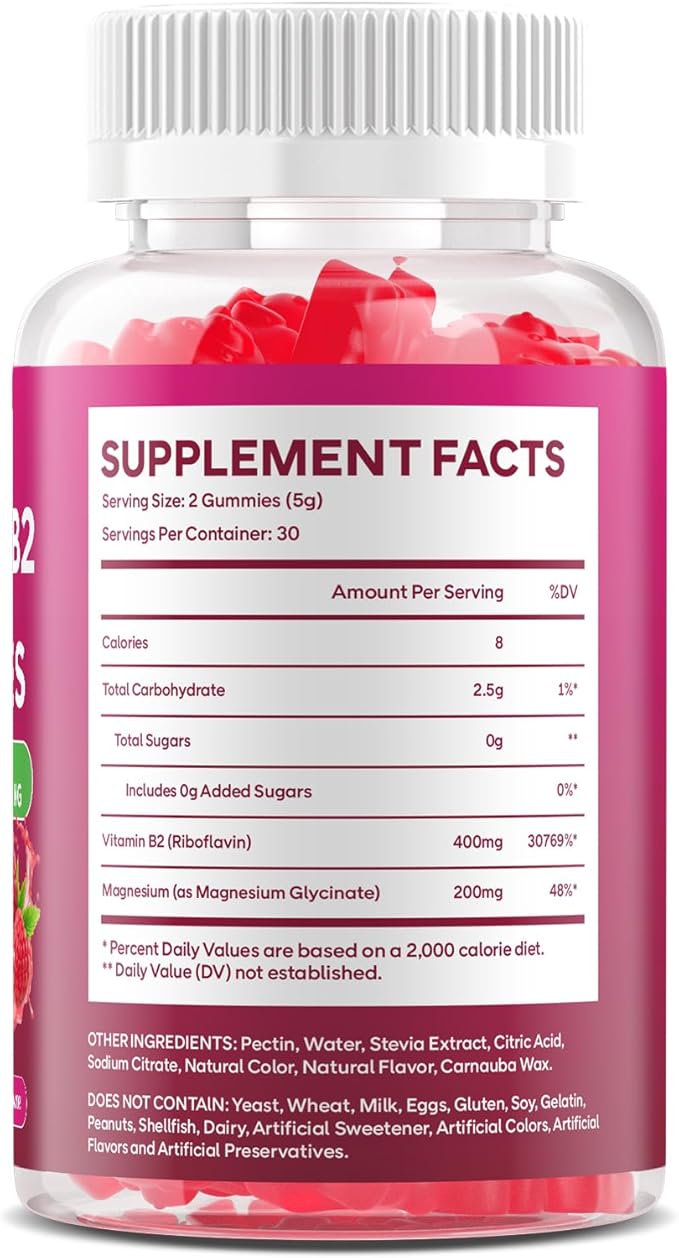 Lot de 2 Gommes Vitamine B2 Riboflavine 400mg avec Magnésium pour Enfants et Adultes, Gommes B2 pour le Soutien du Système Nerveux et la Santé de la Peau, Saveur Framboise, 120 Unités