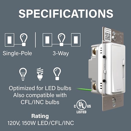 Legrand Radiant 150-Watt Dimmer Light Switch, Single-Pole/3-Way LED Dimmer for Dimmable Lights, RHL153PW, White