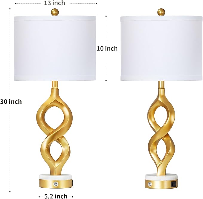 Cinyirong 30" White and Gold Table Lamps Set of 2 for Living Room, Modern Touch Control Bedside Lamps for Bedroom, 3-Way Dimmable Sculptural Resin Nightstand Lamps with USB A+C Ports and 2 LED Bulbs