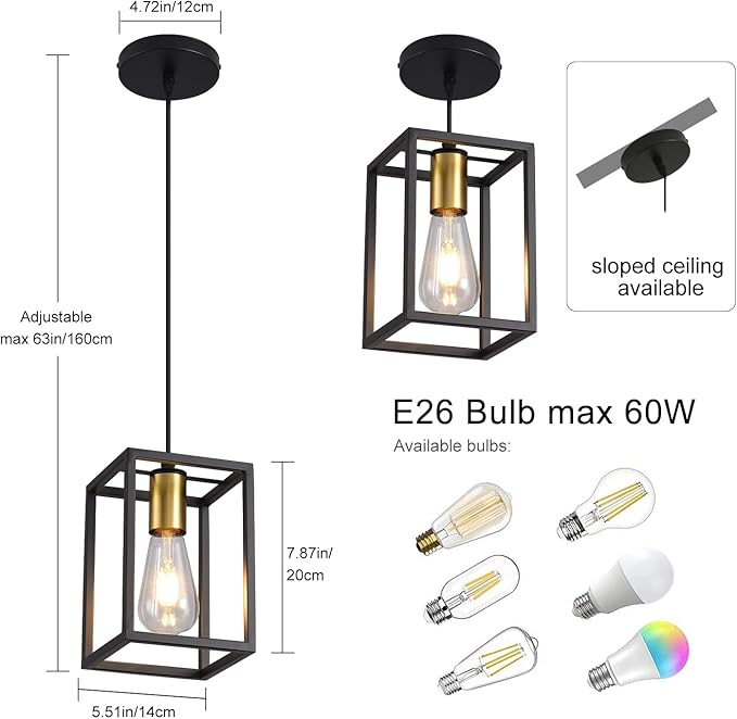 Black Pendant Lights for Kitchen Island Industrial Lantern Pendant Light Fixtures with Golden lamp Cup, Farmhouse Adjustable Height Hanging Pendant Lighting