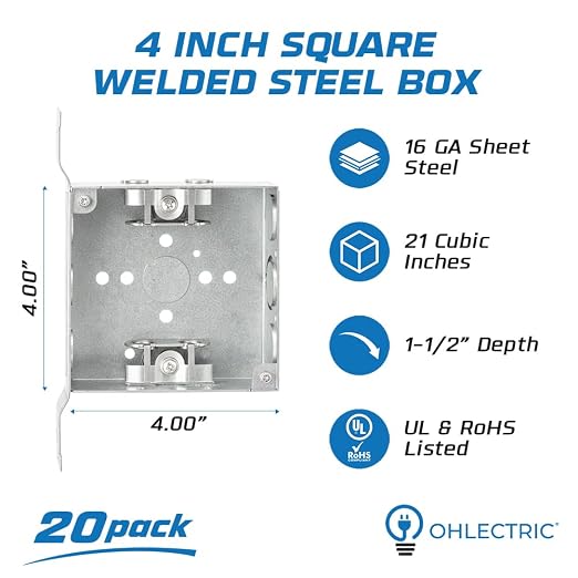 OHLECTRIC 4" Square Welded Electrical Box with Flush Mount Brackets (20-Pack) 1-1/2 Inch Deep Box with BX/MC Cable Clamp, ½ & ¾ Knockouts, Galvanized Steel, 21 Cu. in. Metal Junction Box