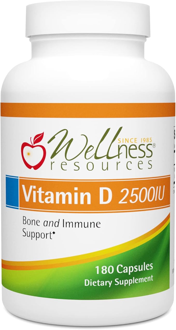 Wellness Resources Vitamine D - 2 500 UI de vitamine D3 sans soja (180 gélules végétales)