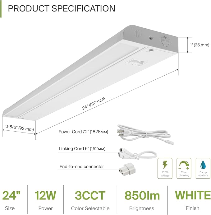 ASD Swivel LED Under Cabinet Lighting Plug in or Hardwired 24 Inch, Dimmable Under Cabinet Lights with High/Low/Off Switch, 3CCT 2700K-4000K, Linkable Under Counter Lights for Kitchen, White, ETL