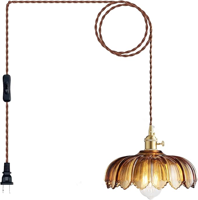 XZHGCEE Hanging Lamp Plug in Pendant Light: Amber Glass Hanging Lamp Plug in, 14.7ft Swag Lamp Cord with On/Off Switch for Kitchen Island/Dining Room/Bedroom/Living Room Hanging Light, No Bulb
