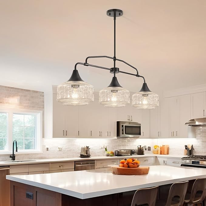 Farmhouse Kitchen Island Lighting, Black 3-Light Island Light for Kitchen, Adjustable Dining Room Light Fixture Over Table, Linear Chandelier Pendant Lighting with Clear Glass for Living Room Sink