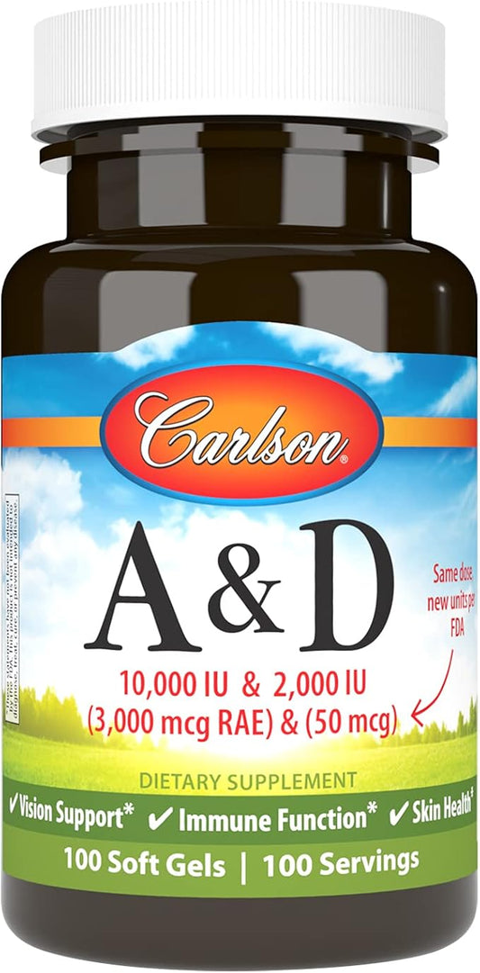 Carlson - A & D, 10000 UI (3000 mcg EAR) Vitamine A, 2000 UI (50 mcg) Vitamine D, Soutien de la vision, Santé de la peau, 100 gélules molles