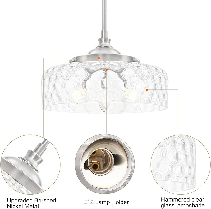 Brushed Nickel 3-Light Pendant Lights Kitchen Island, Modern Hammered Glass Kitchen Pendant Lighting Over Island, Adjustable Hanging Bathroom Light Fixtures for Hallway Entryway Dining Room,E12*3
