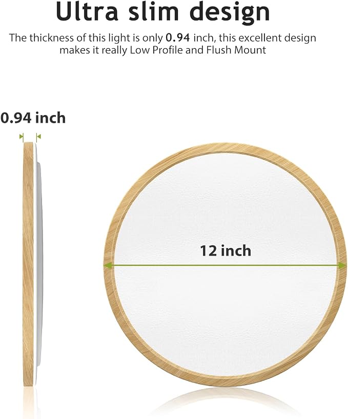 hepside 1PACK Flush Mount LED Ceiling Light Fixture Wooden, 12Inch 28Watt, Dimmable & 3000K-4500K-6000K Ceiling Lamp 3200LM Low Profile Ceiling Light for Kitchen Bedroom Hallway Porch