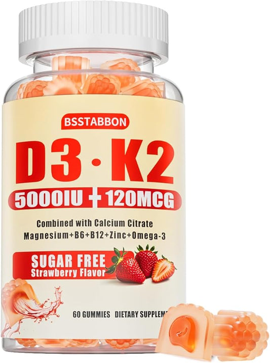 Gummies Vitamine D3 K2 pour Femmes : Complément sans sucre à croquer 5000 UI D3 + 120 mcg K2 (MK-7) avec Magnésium Oméga-3 Zinc Calcium Méthyl B12 pour la Santé Immunitaire - Haute Absorption pour Adultes (60 Comprimés)