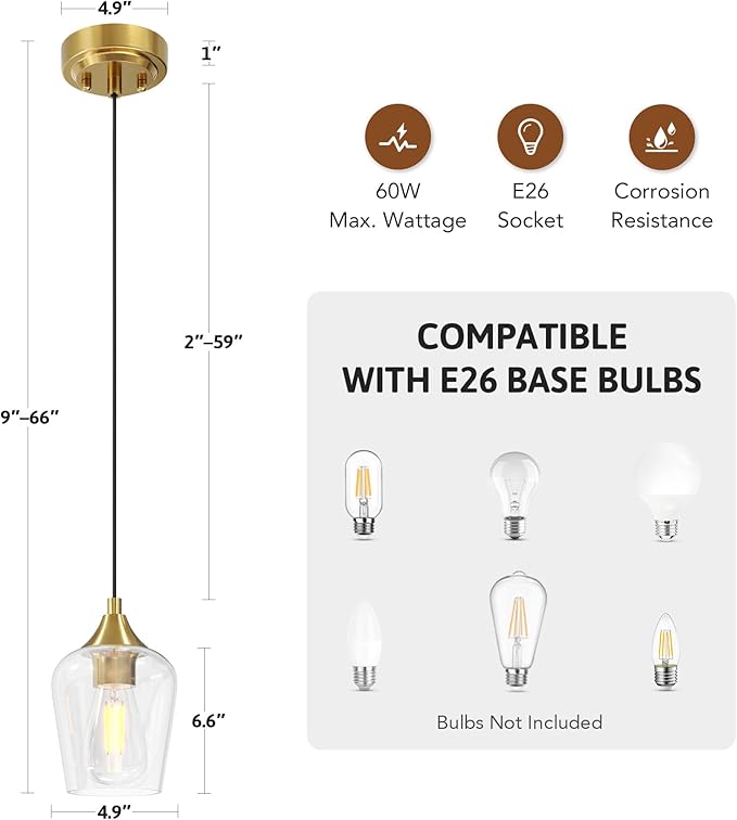 VONLUCE Pendant Lights Kitchen Island, Brushed Gold Pendant Light Fixtures with E26 Base & Adjustable Cable, Modern Pendant Lighting with Glass Shade for Living Room Bedroom Hallway, 3 Packs