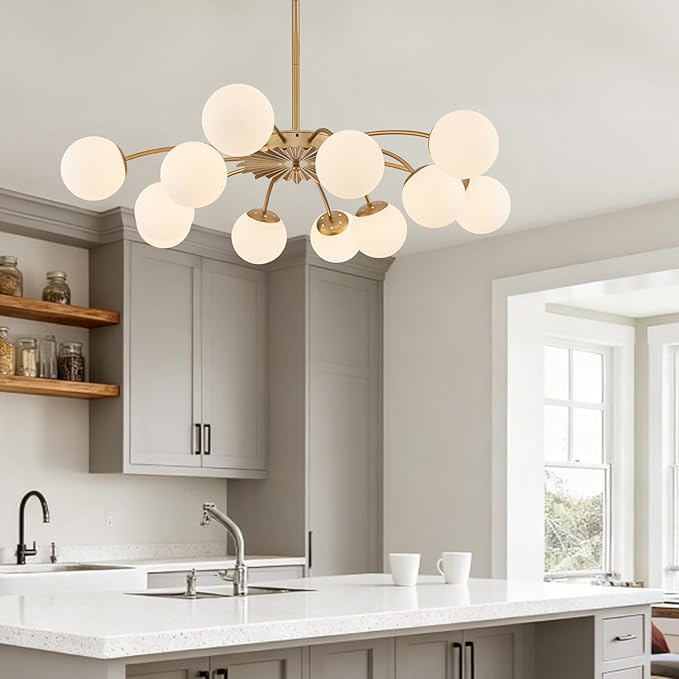12-Light Milk Glass Pendant Light, 40" Sputnik Bubble Glass Chandelier Light Fixture, Hand Blown Semi Flush Mount Ceiling Chandeliers Lighting for Dining Room, Living Room (Gold, 12-Light Chandelier)