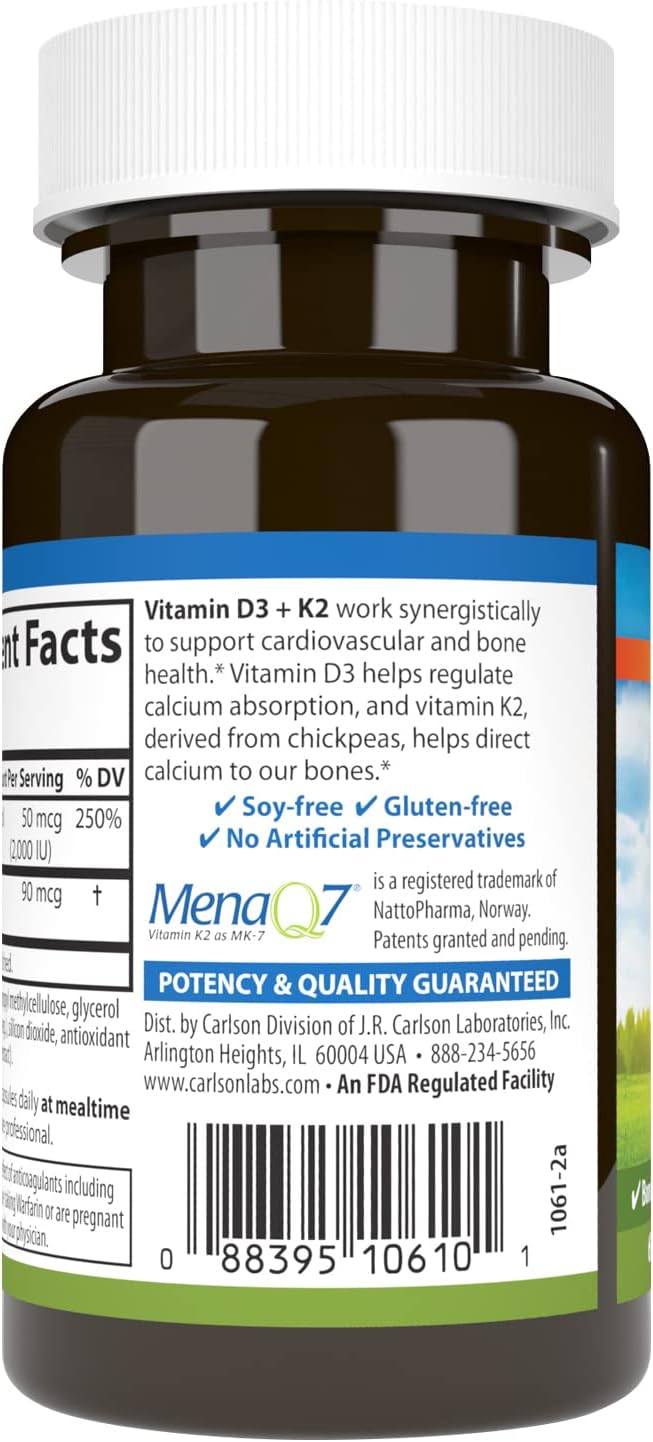 Carlson - Vitamine D3 + K2, 50 mcg (2000 UI) Vitamine D3 & 90 mcg Vitamine K2 sous forme de MK7, Soutien Osseux, Absorption du Calcium, 60 Gélules
