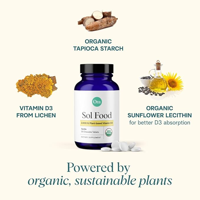 Vitamine D3 Ora Organic 2000 UI – Vitamine D végétalienne à croquer à base de lichen pour la santé des os, le soutien immunitaire et l'humeur | Absorption maximale – 1 mois d'approvisionnement, 30 comprimés à croquer végétaliens à la vanille (lot de 2)